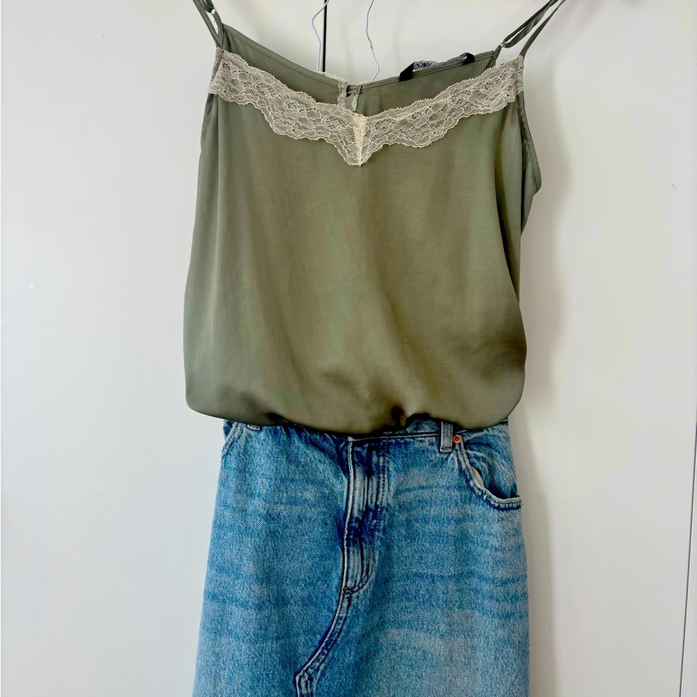 Olive Green Lace Trim Cami Top